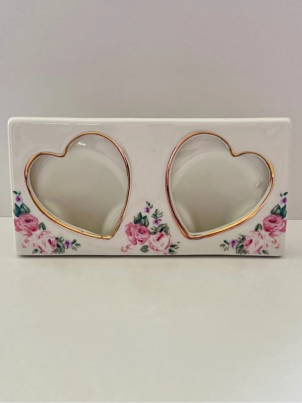 Vintage Double Heart Porcelain Picture Frame Pink Rose Floral Gold Trim Taiwan